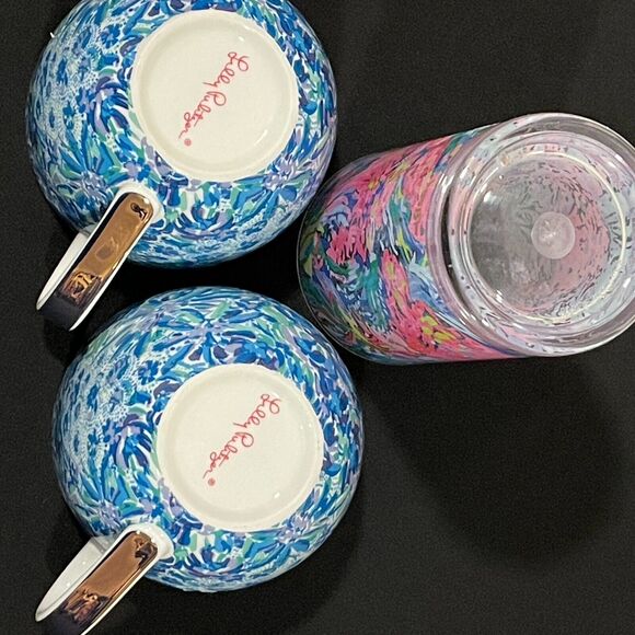 ~ Lilly Pulitzer 2 Blue Floral Hidden Lion Mugs Gold Handles+Pink Floral Tumbler - Picture 14 of 16
